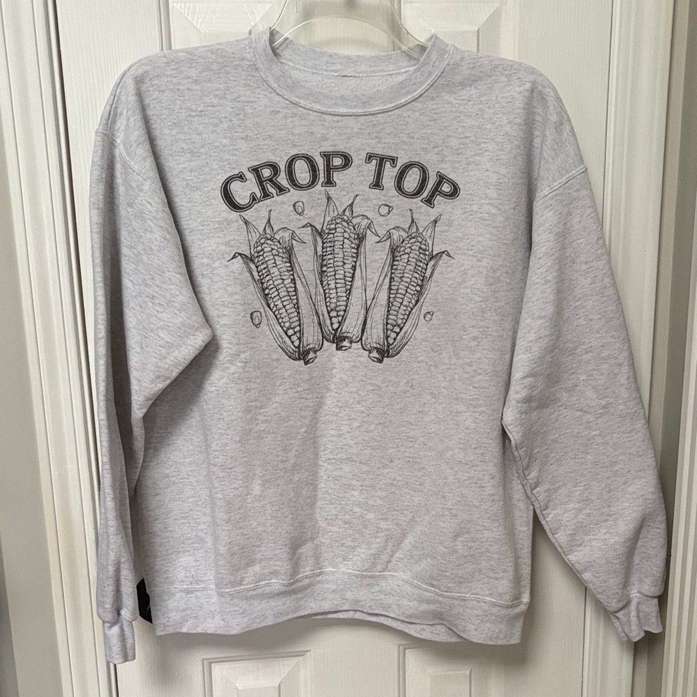 Gray Graphic Sweatshirt with Corn Design Crop Top Crewneck